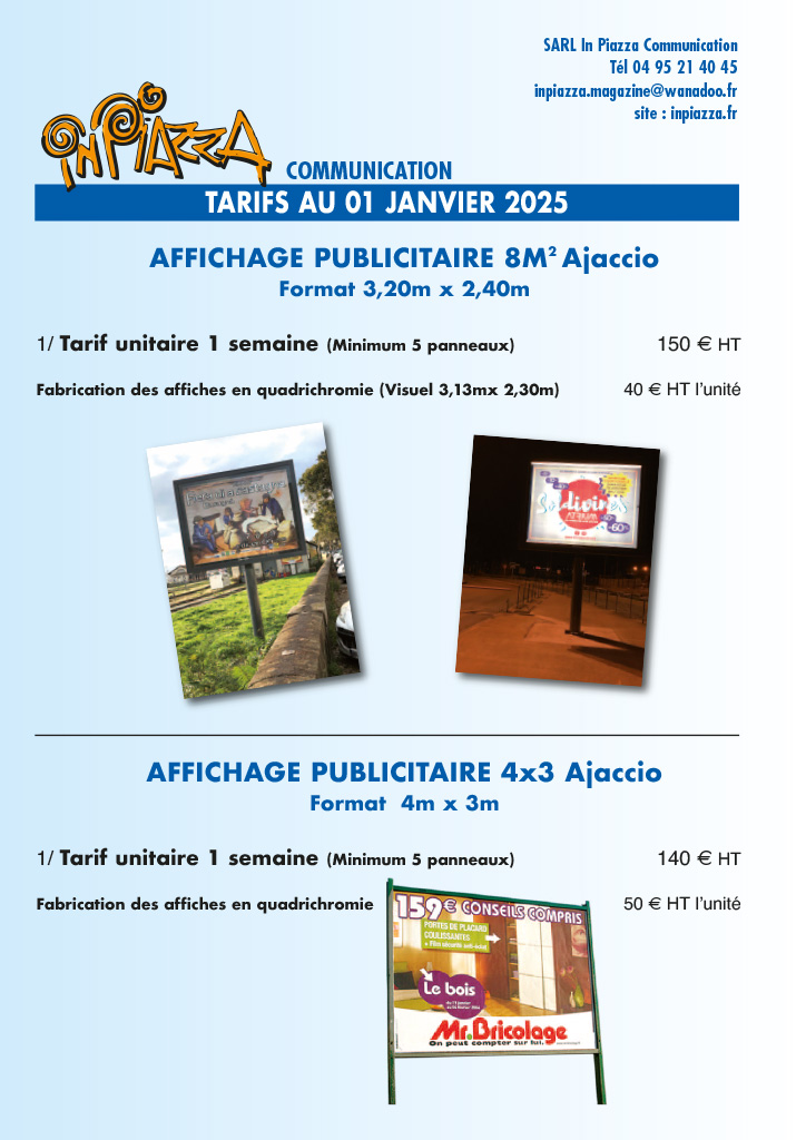 In Piazza communication tarifs 2025 8m2 et 4x3 Ajaccio / Bastia